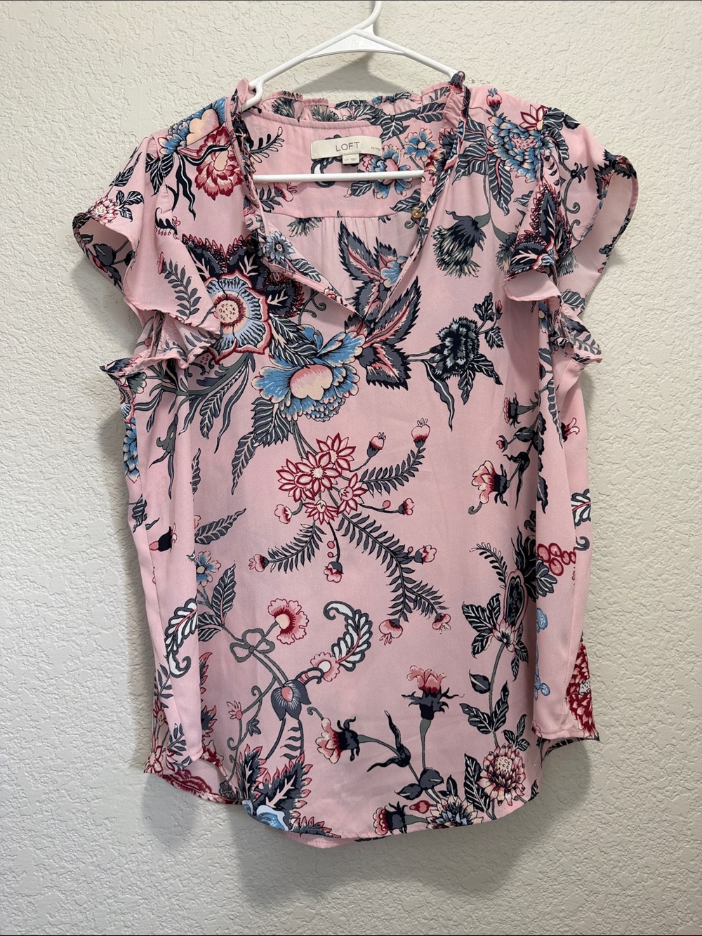 LOFT Pink Floral Flutter Sleeve Blouse